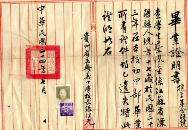 1945年，省立兴义中学校长张捷先签发的毕业证书.jpg